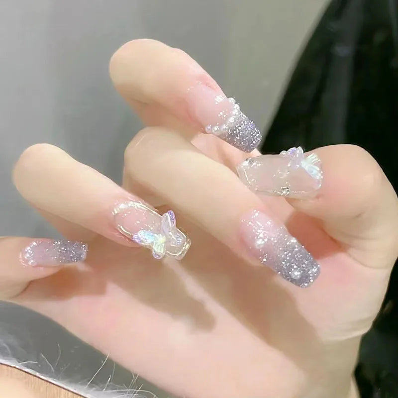 24 Pcs Long Press On Nails with Pink Rhinestones-0
