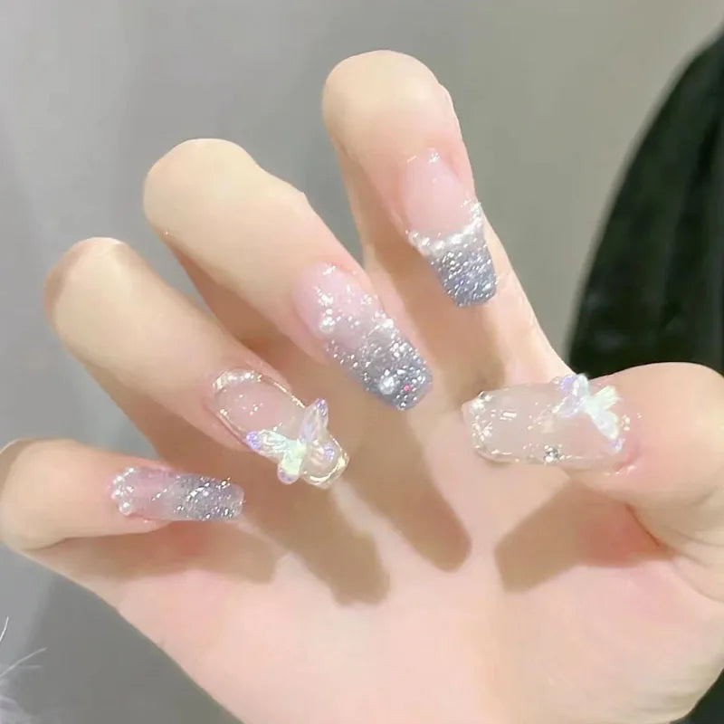 24 Pcs Long Press On Nails with Pink Rhinestones-1