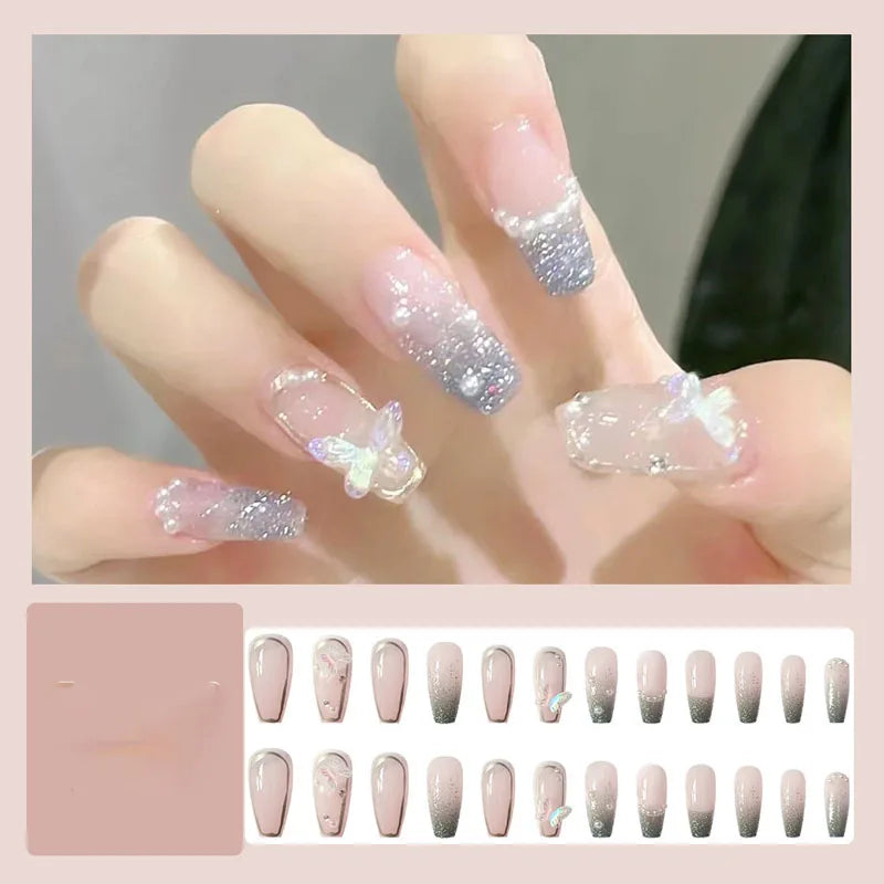 24 Pcs Long Press On Nails with Pink Rhinestones-2