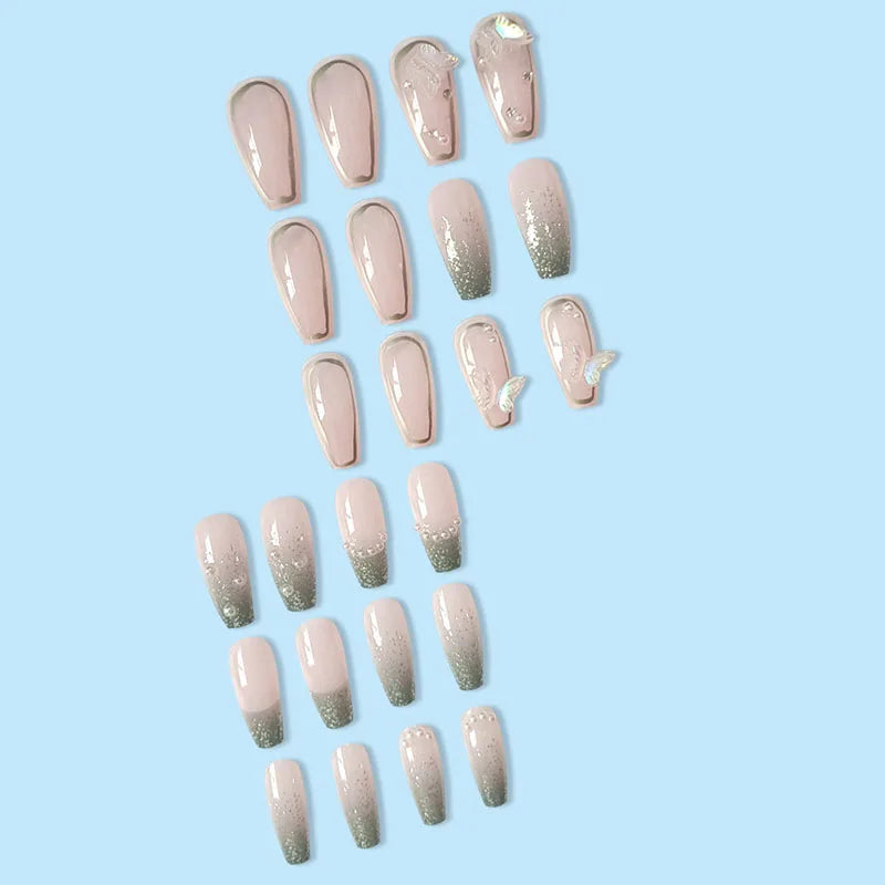 24 Pcs Long Press On Nails with Pink Rhinestones-3