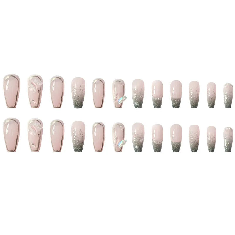 24 Pcs Long Press On Nails with Pink Rhinestones-4