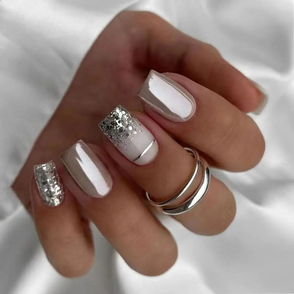 24pcs French Silver Press On Nails Set-0