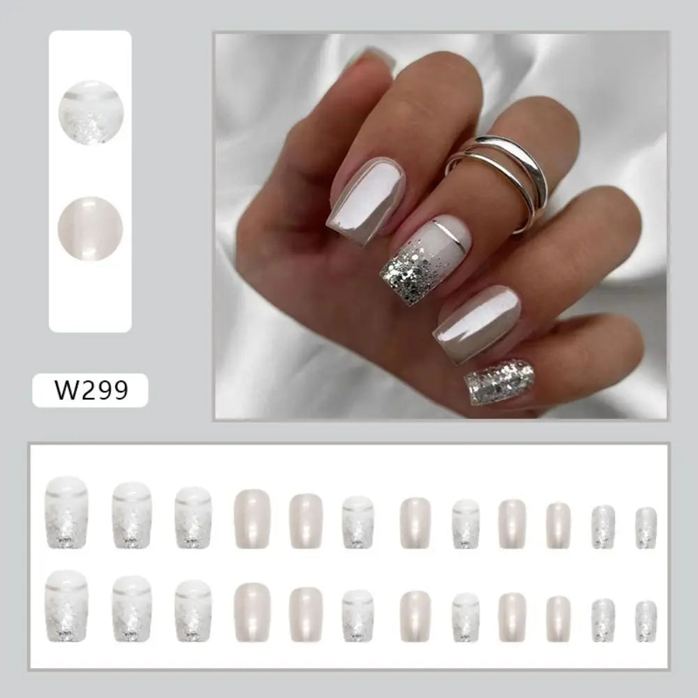 24pcs French Silver Press On Nails Set-1
