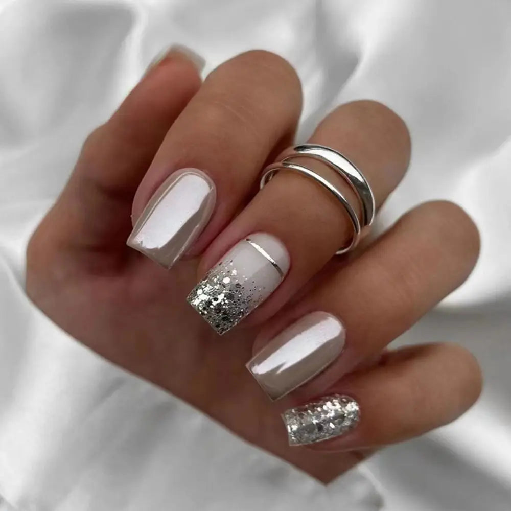 24pcs French Silver Press On Nails Set-5